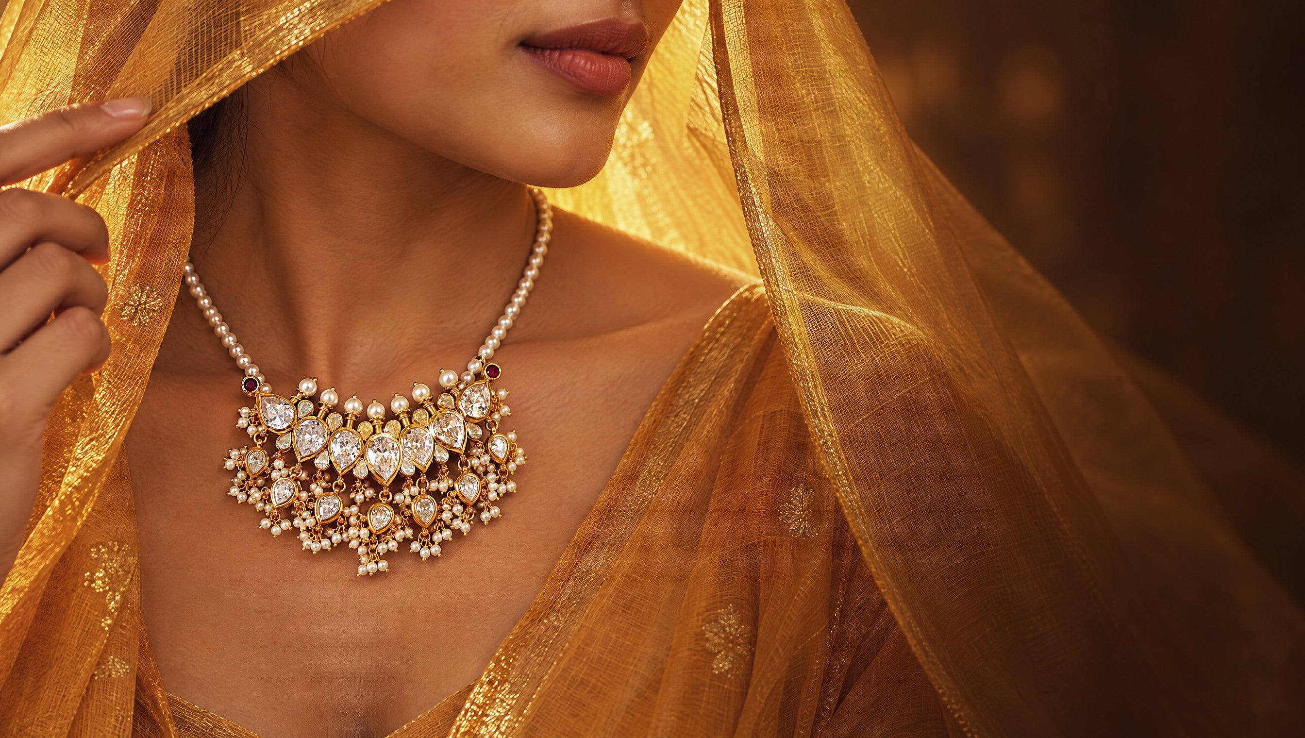 Model wearing the Pratha Tanmani pendant on a pearl strand under a gold zari veil