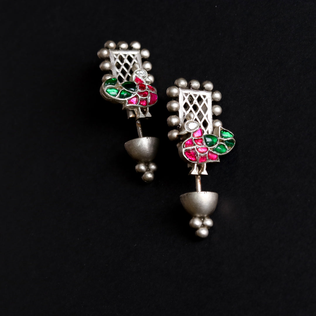 Silver Peacock Chequered Earrings