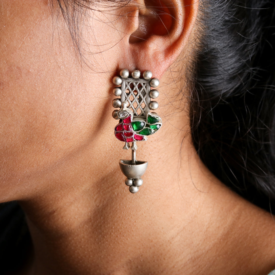 Silver Peacock Chequered Earrings