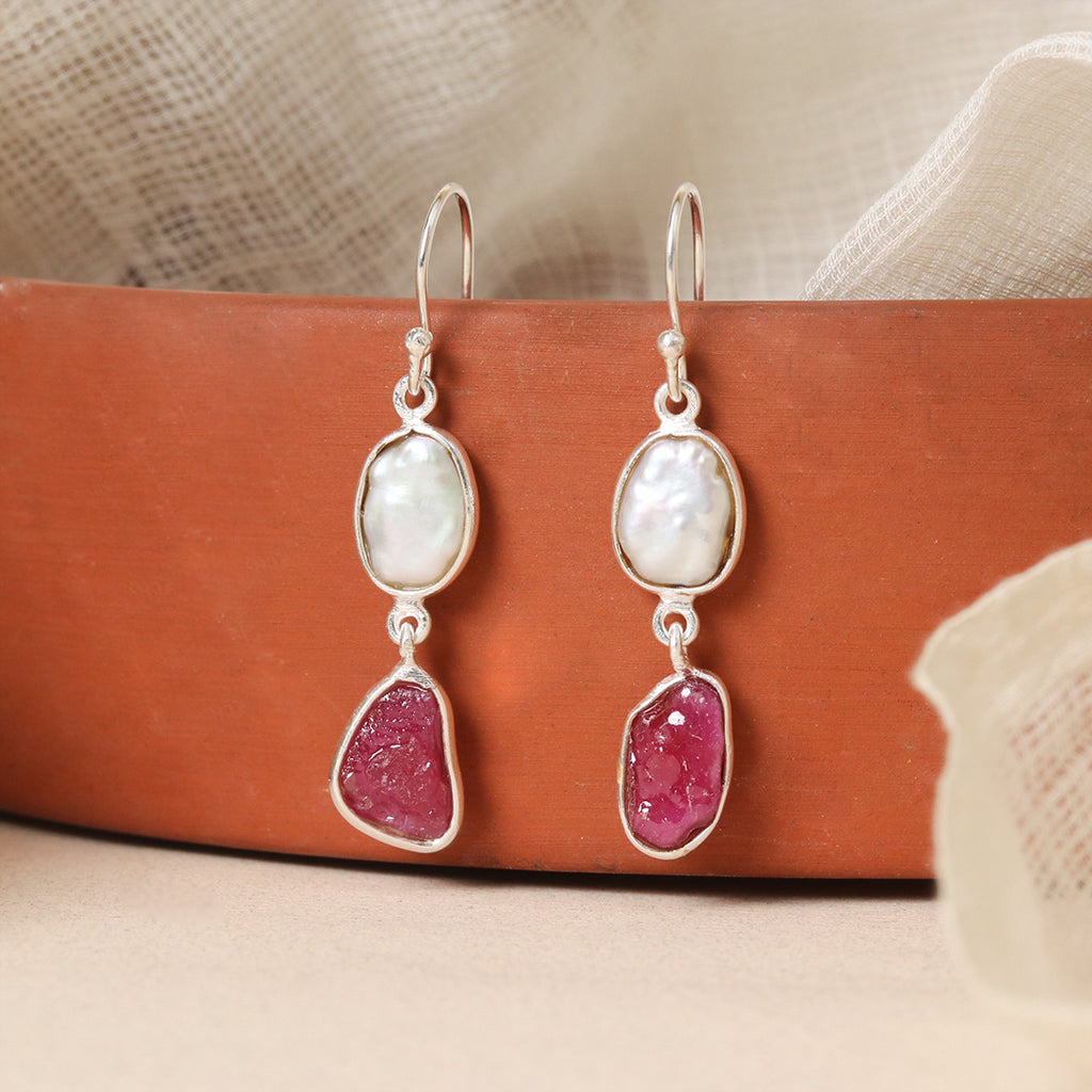 White Pearl and Red Stone Drop Earrings – view 2 of 6