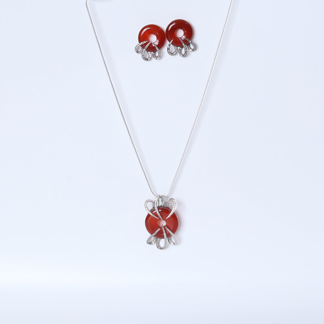 Hessonite -Diamond Pendant Set