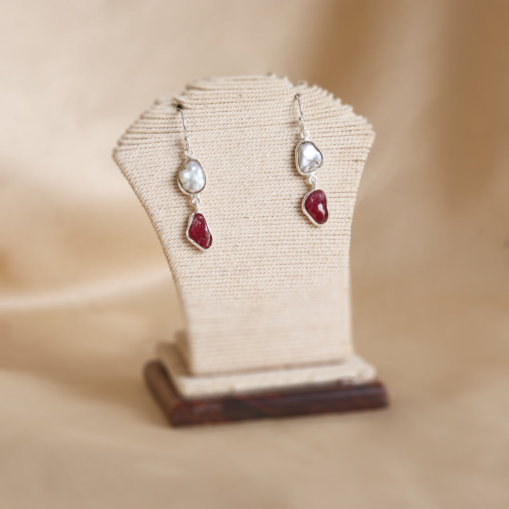White Pearl and Red Stone Drop Earrings – view 4 of 6