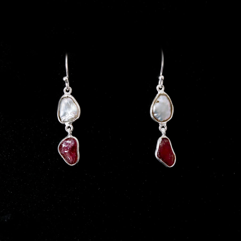 White Pearl and Red Stone Drop Earrings – view 3 of 6