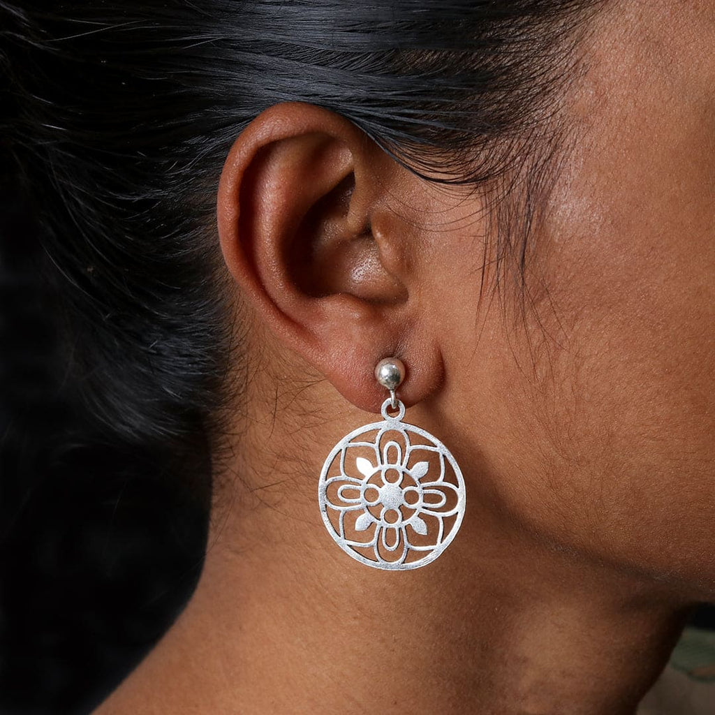 Large Silver-Tone Floral Circle Drop Earrings – view 5 of 7