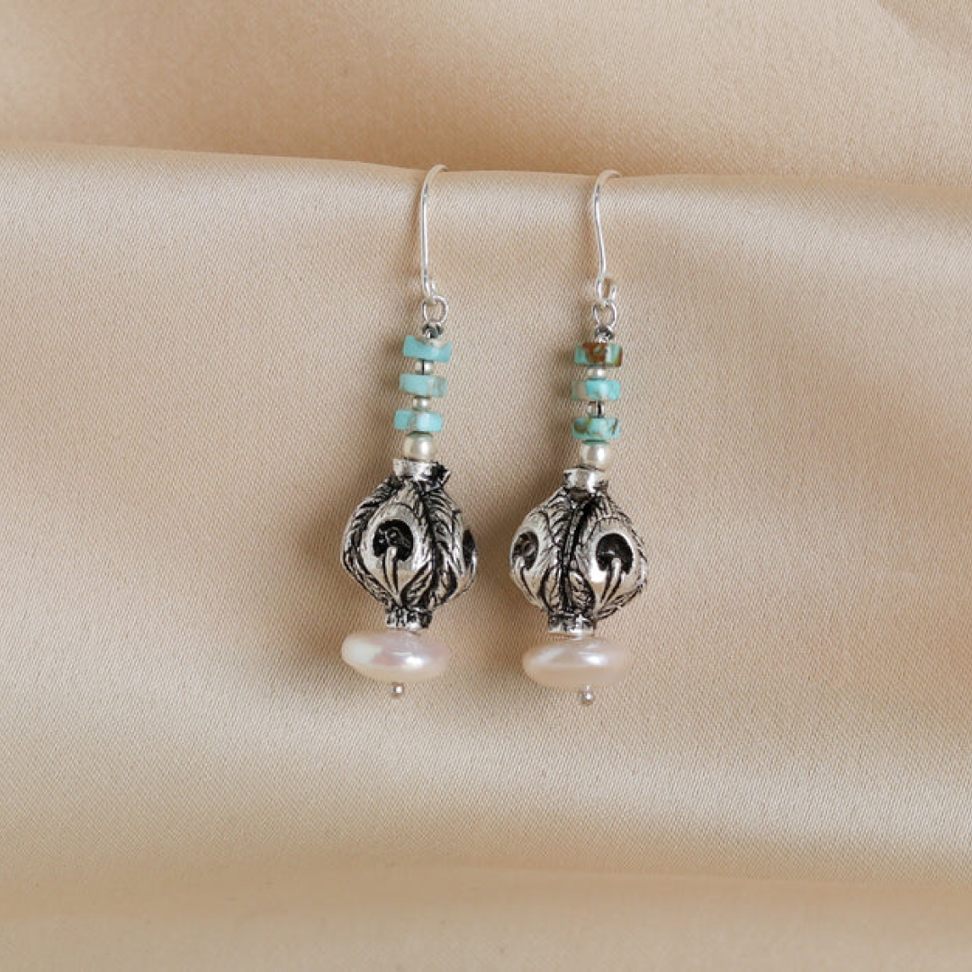 Silver Carved Bead Earrings