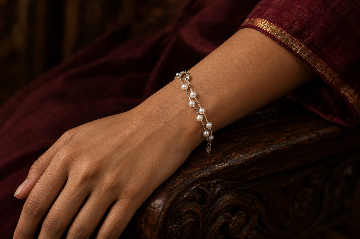 Model wearing the Pratha Double line pearl Bracelet