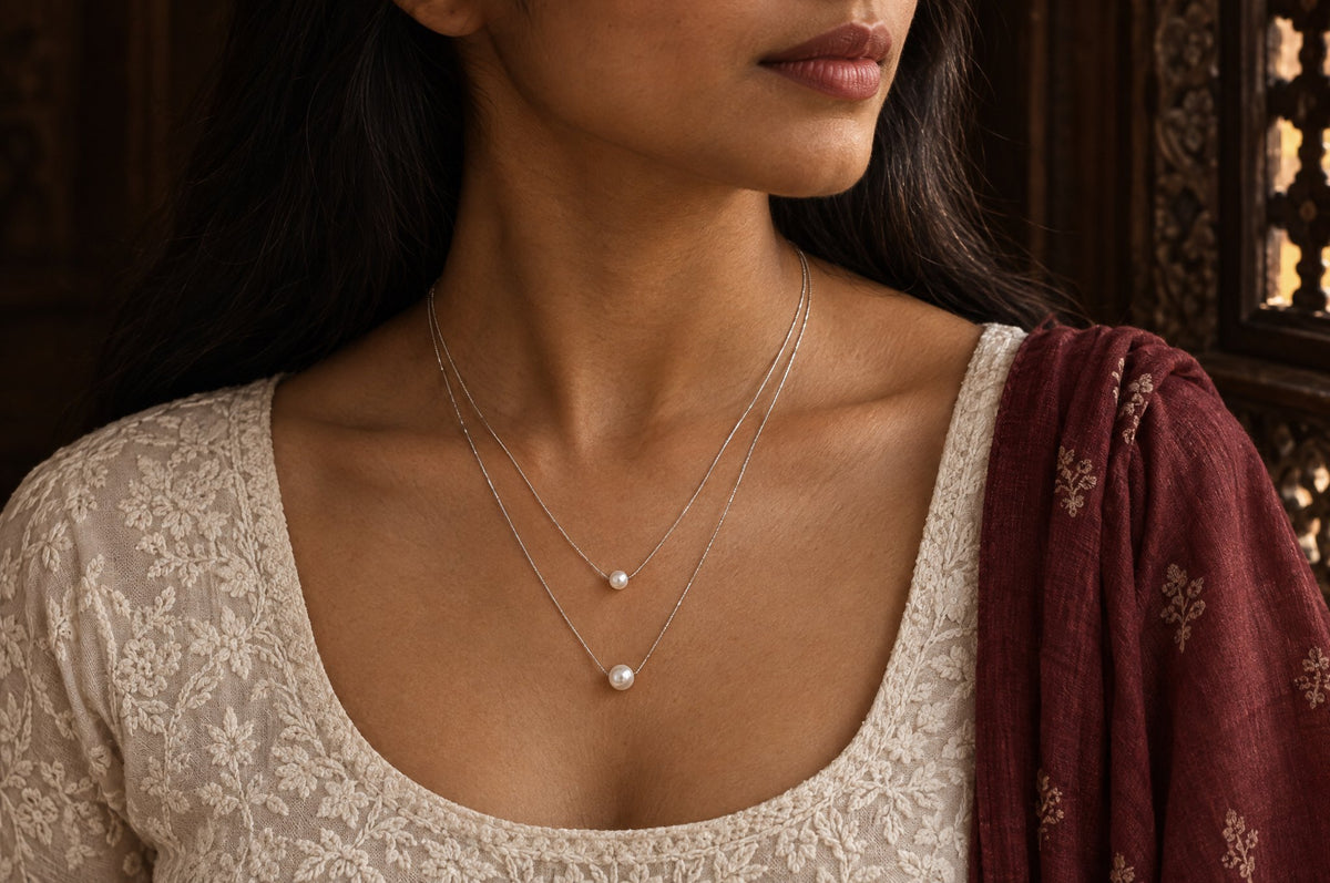 Model wearing the Pratha Layered Pearl Chain
