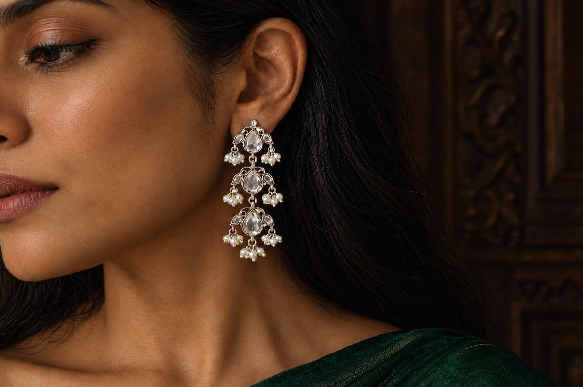 Model wearing the Pratha Kundan Pearl Earrings