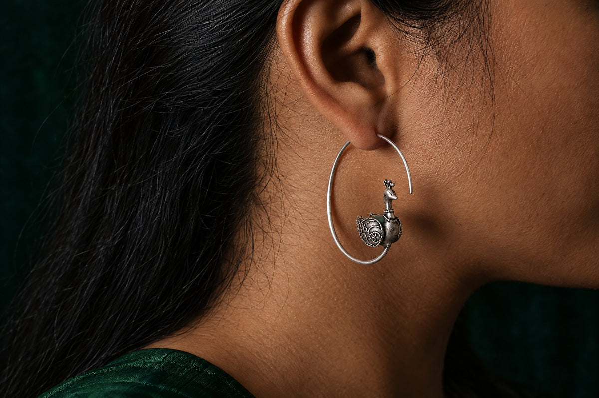 Model wearing the Pratha Peacock Hoop Earrings