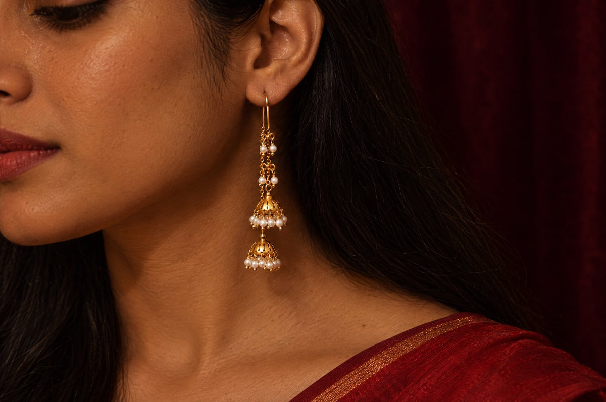 Model wearing the Pratha Double Jhumki Earring