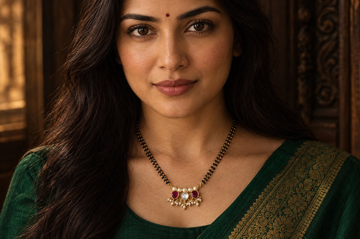 Model wearing the Pratha Kundan Drop Mangalsutra