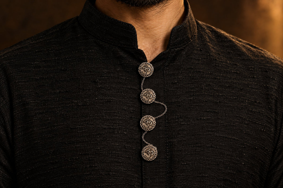 Model wearing the Pratha OM Kurta Buttons