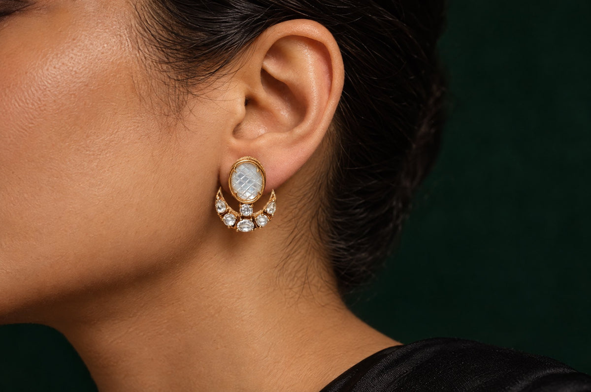 Model wearing the Pratha Moissanite Chandraphool Pearl Earrings
