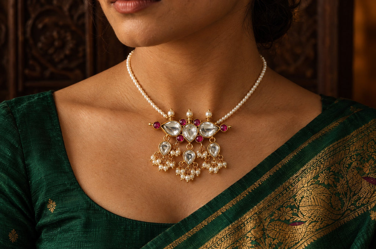 Model wearing the Pratha Traditional Tanmani Pendant