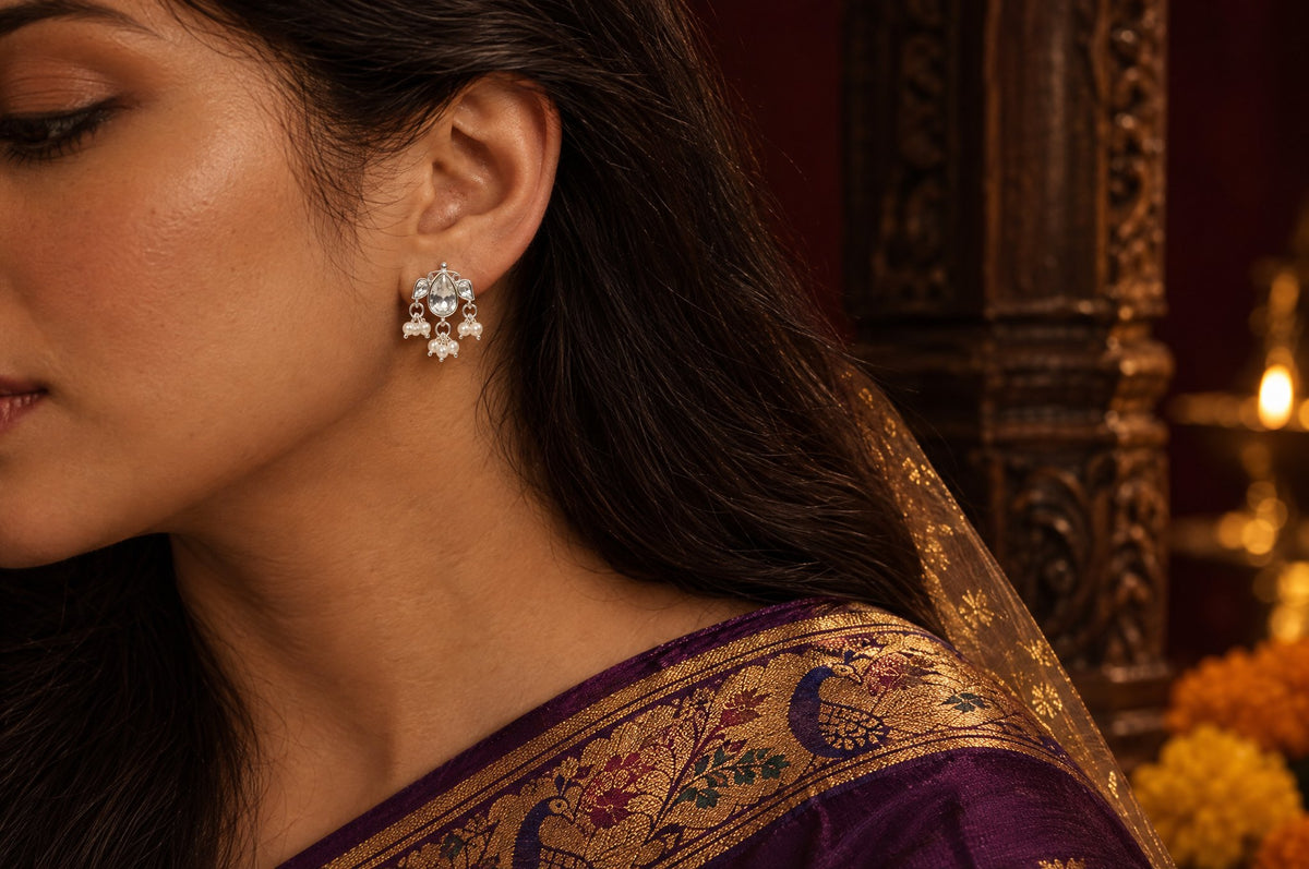 Model wearing the Pratha Kundan Pearl Earrings