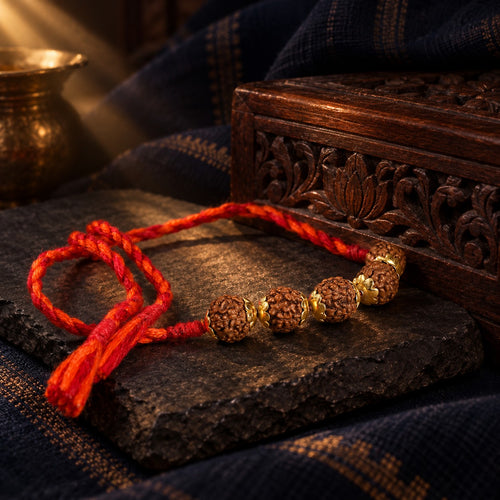 Rudraksha Golden Rakhi – styled photo