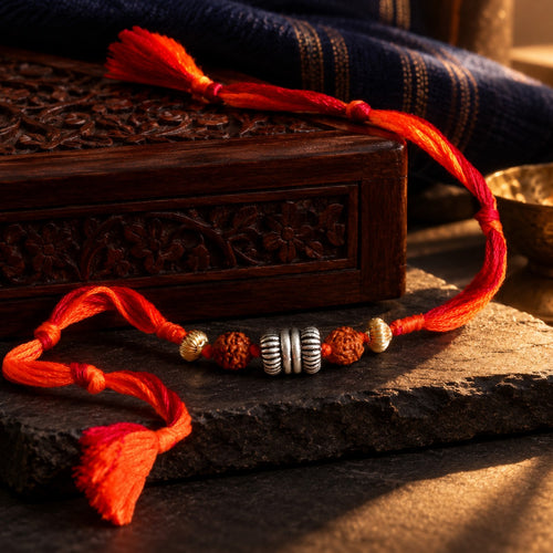 Rudraksh Silver Beads Rakhi – styled photo