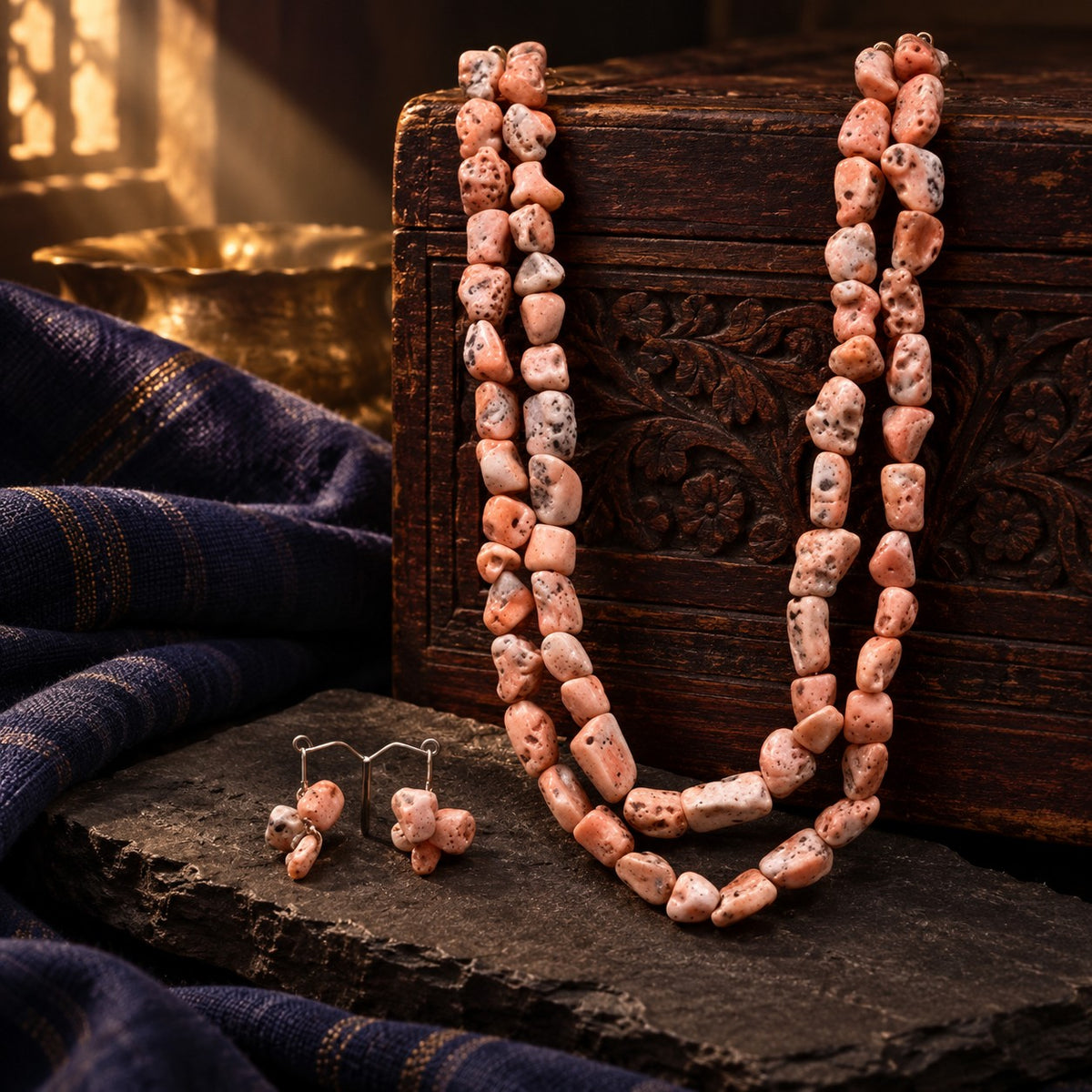 Coral Rough Mala – styled photo