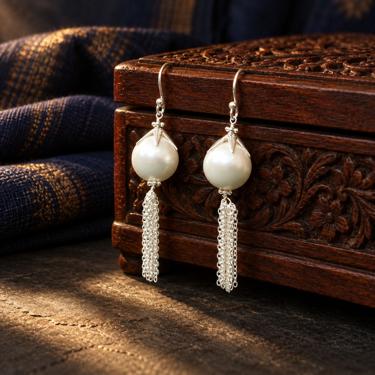 Tasseled Pearl Earrings – styled photo