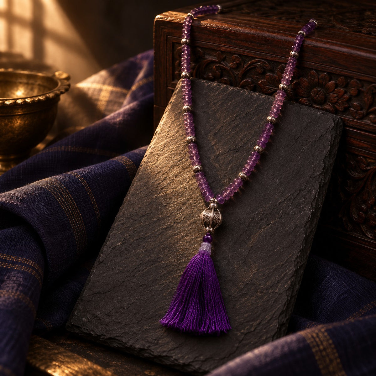 Amethyst Tassel Mala – styled photo