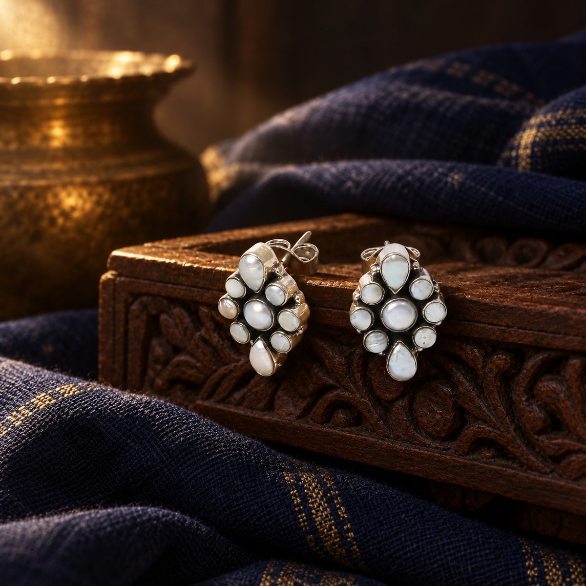 Kite Shape Pearl Studs – styled photo