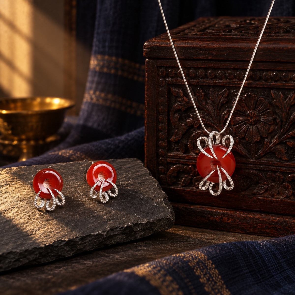 Hessonite -Diamond Pendant Set – styled photo