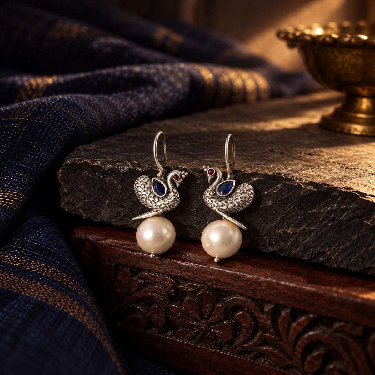 Peacock Pearl Blue Earrings – styled photo