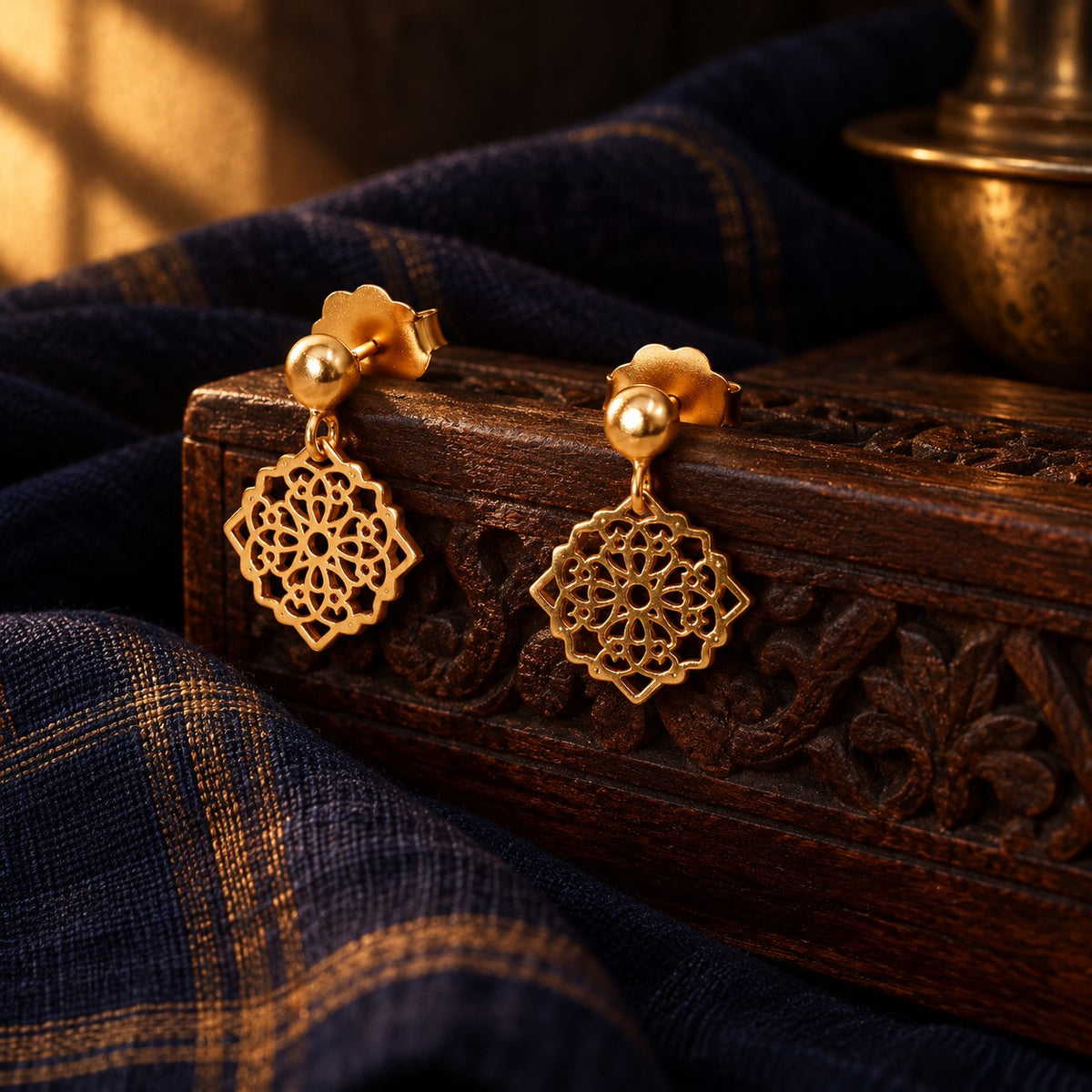 Gold-Plated Hanging Cutwork Earrings – styled photo