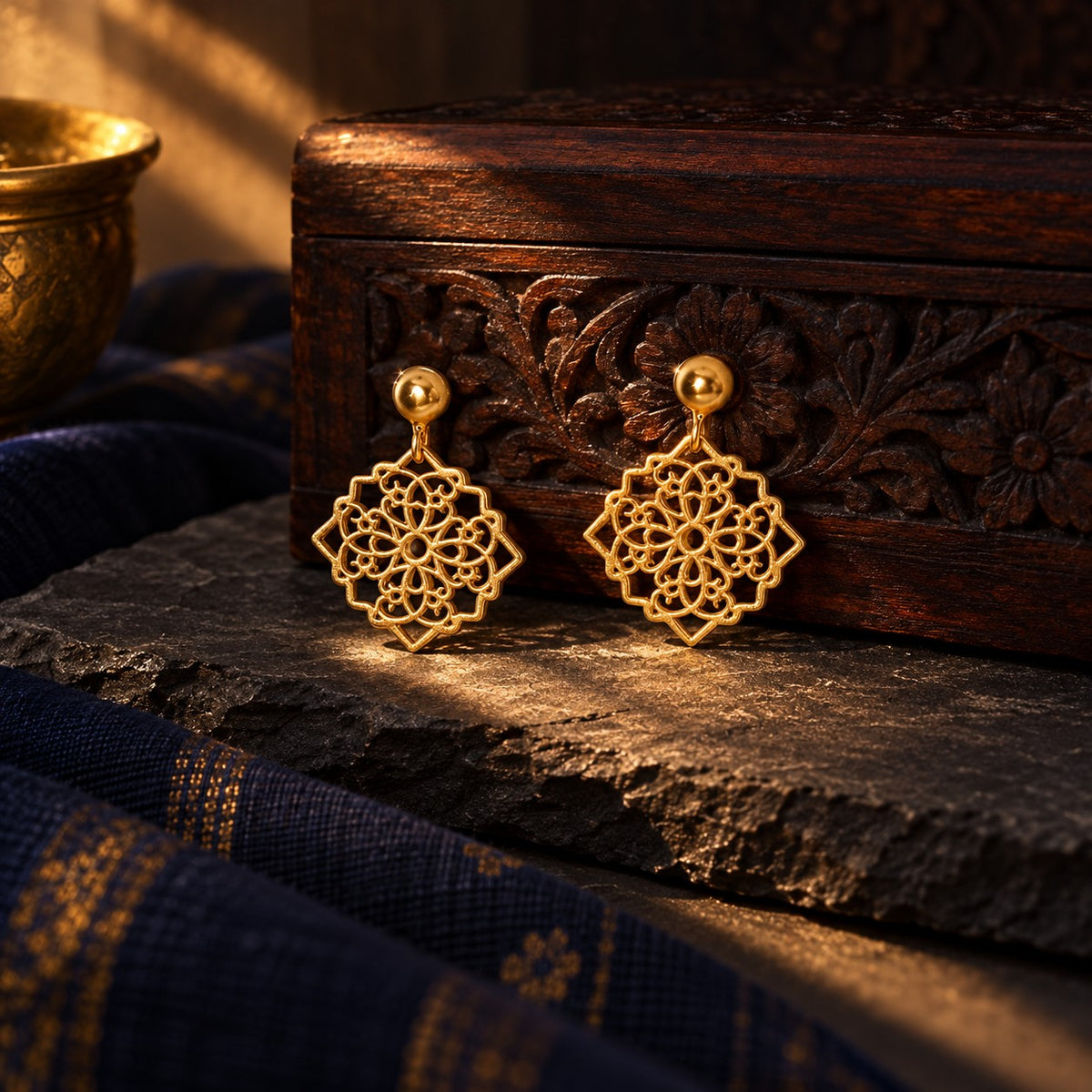Gold-Plated Hanging Cutwork Earrings – styled photo