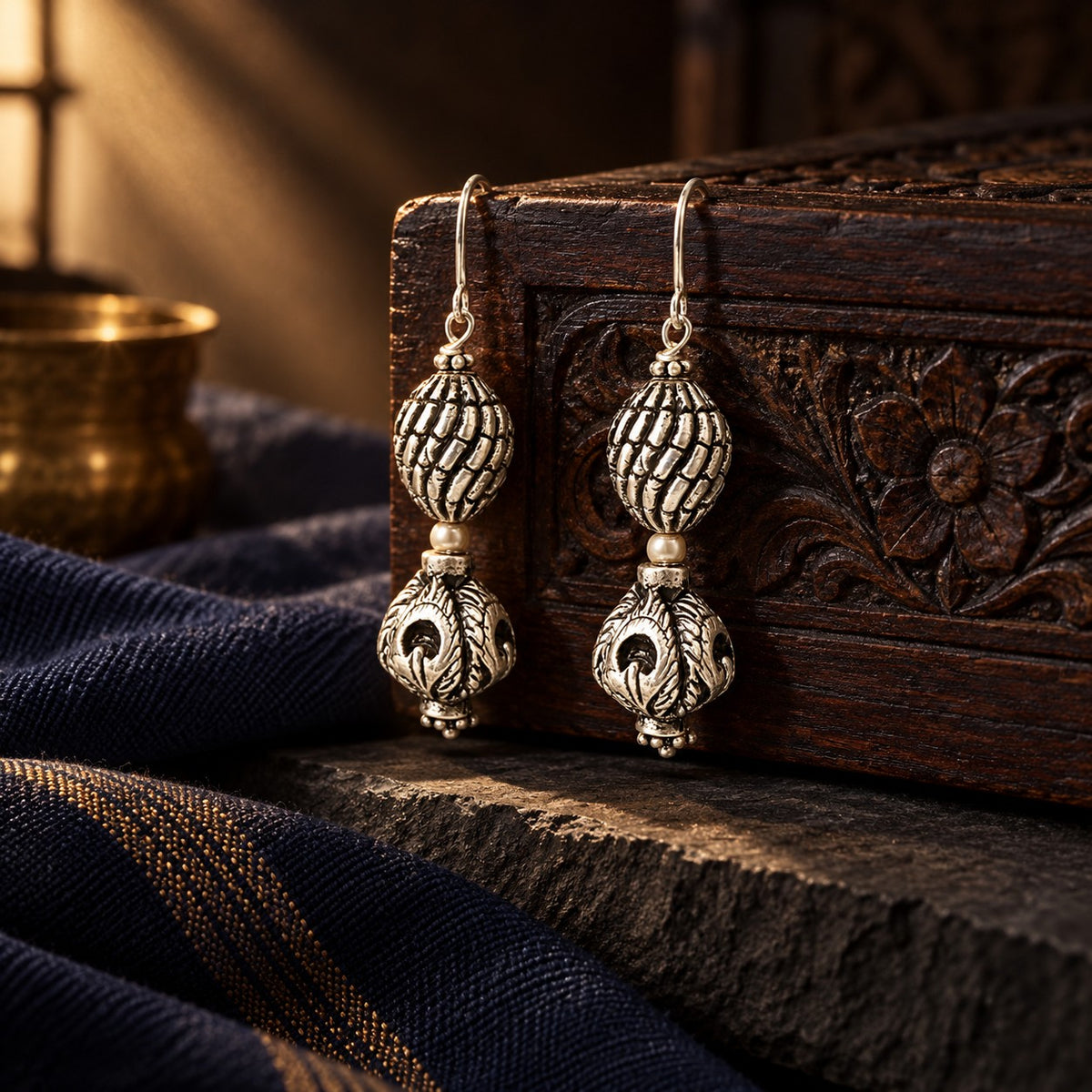 Double Carved Ball Earrings – styled photo