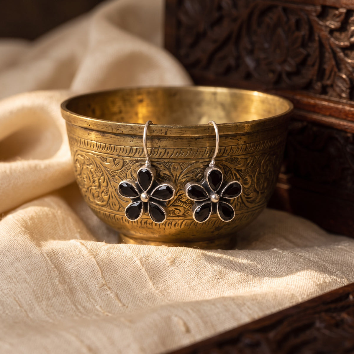 Black Onyx Hook Earrings – styled photo