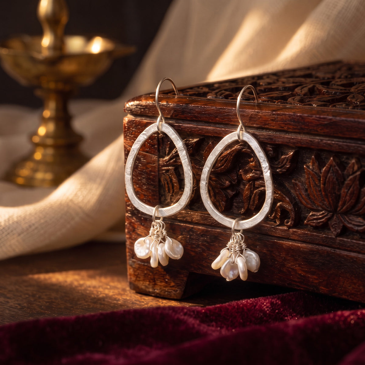 Clustered Pearl Hook Earrings – styled photo