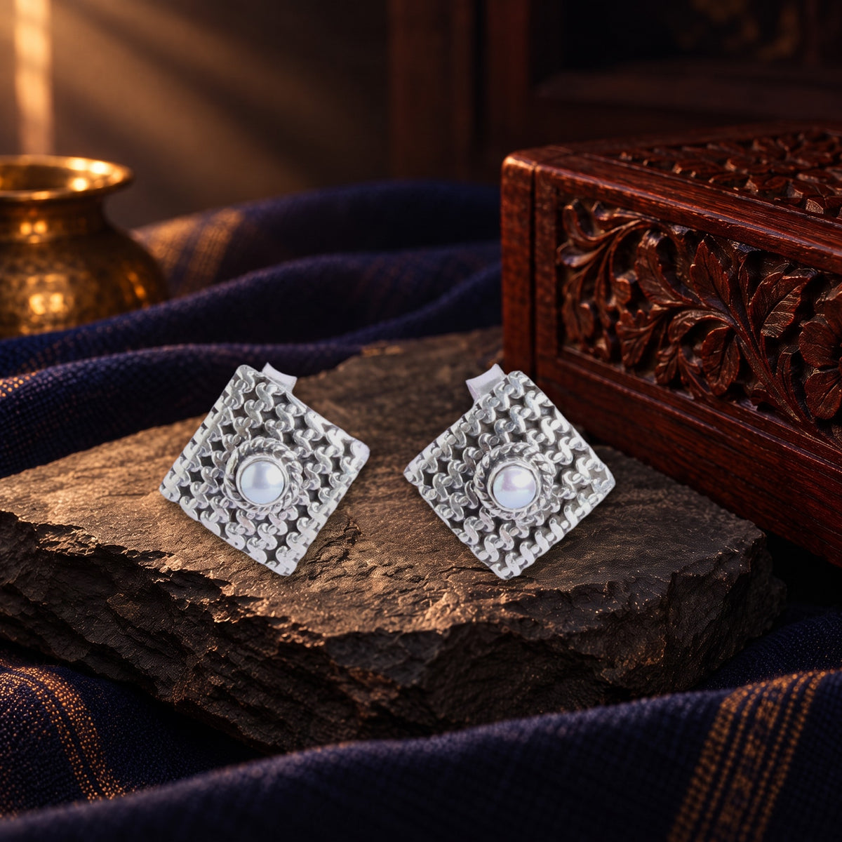 Square Pearl Studds – styled photo