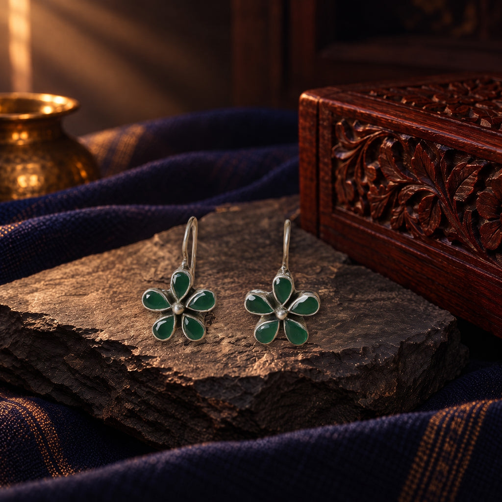 Green Floral Cutstone Earrings – styled photo