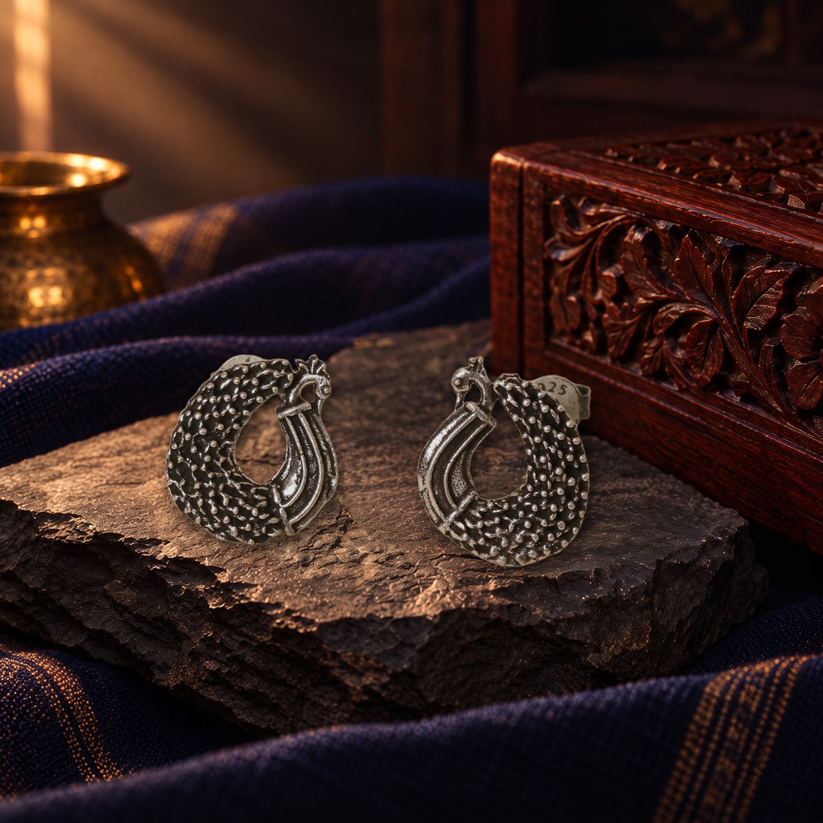 Peacock Elegance – Handcrafted Sterling Silver Earrings – styled photo