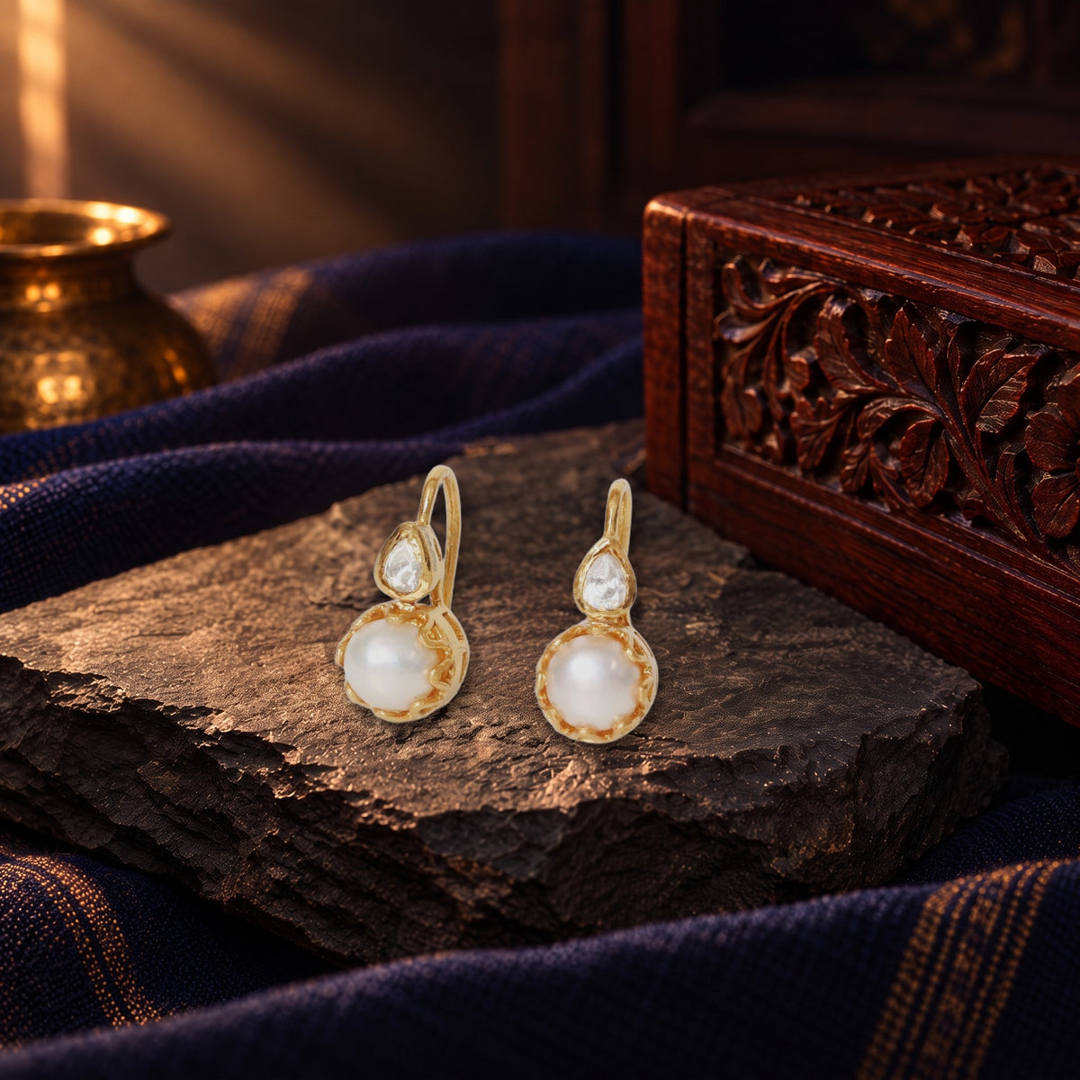 Pearl & Clear Stone Drop Earrings – Gold-tone, Drop hook earrings