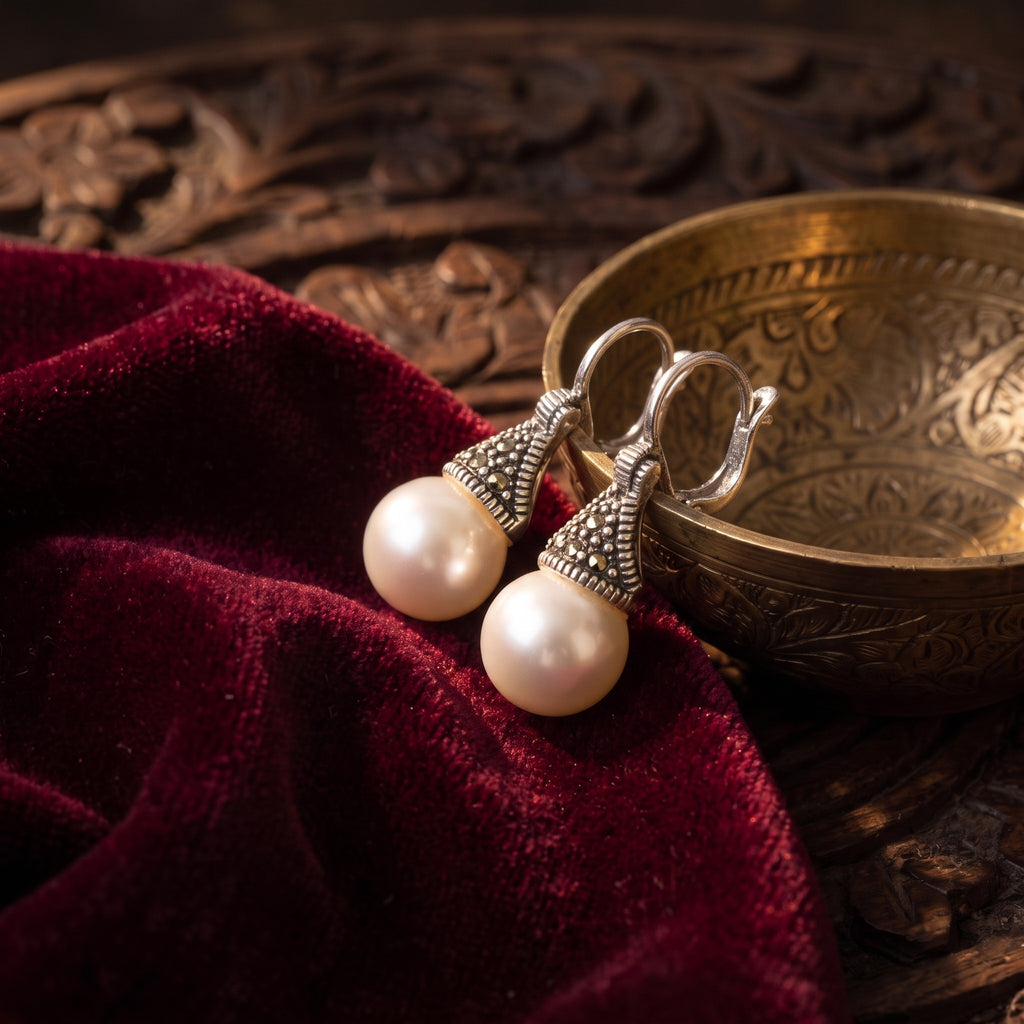 Oxidised Cap Pearl Drop Earrings – Oxidised, Pearl drop earrings