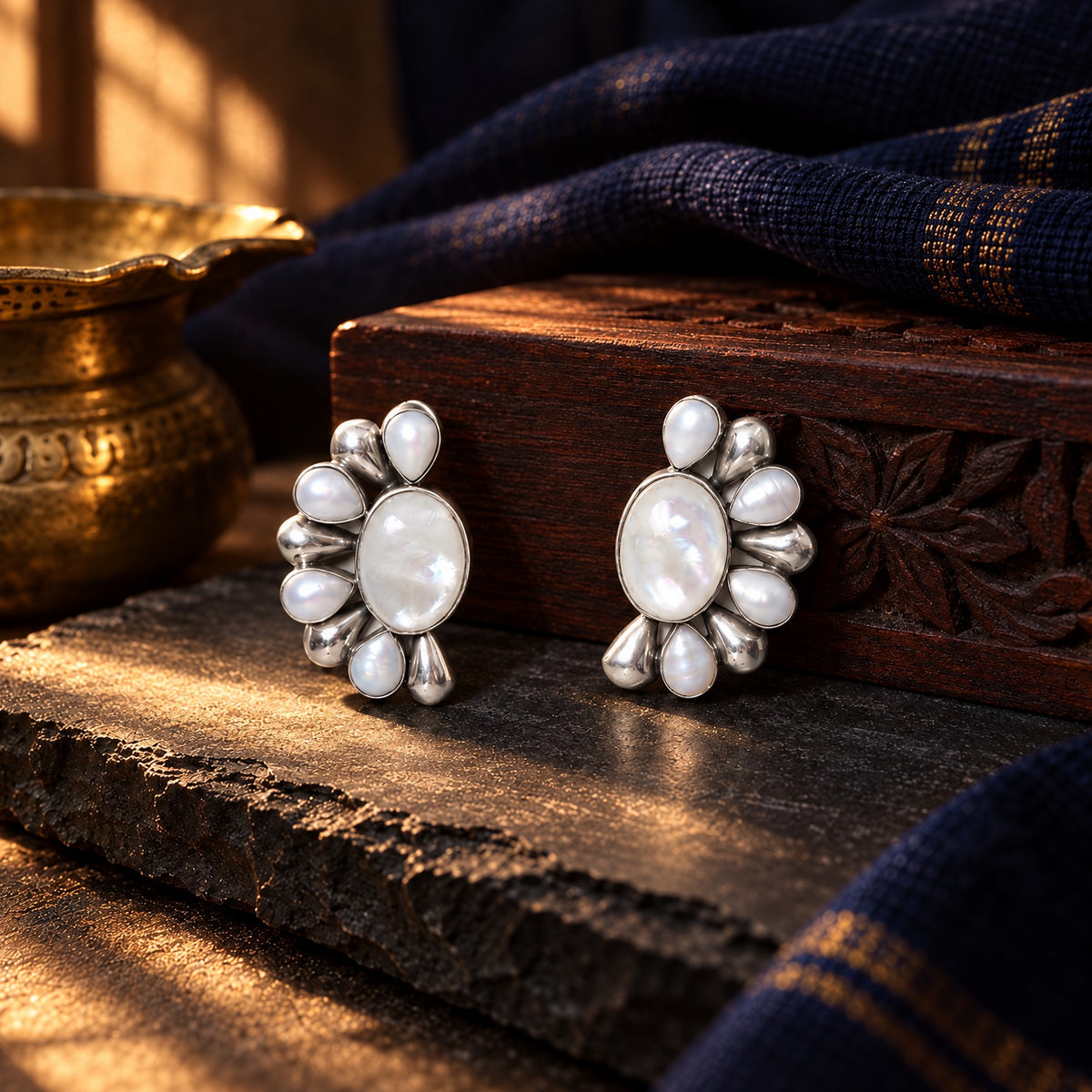 Semicircular Pearl Earrings – styled photo