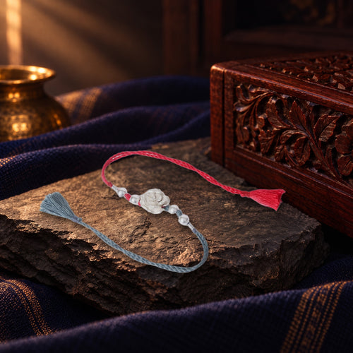 Sliver Rose Beads Rakhi – styled photo