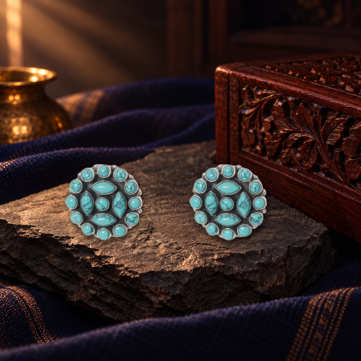 Round Hydro Turquoise Studs – styled photo