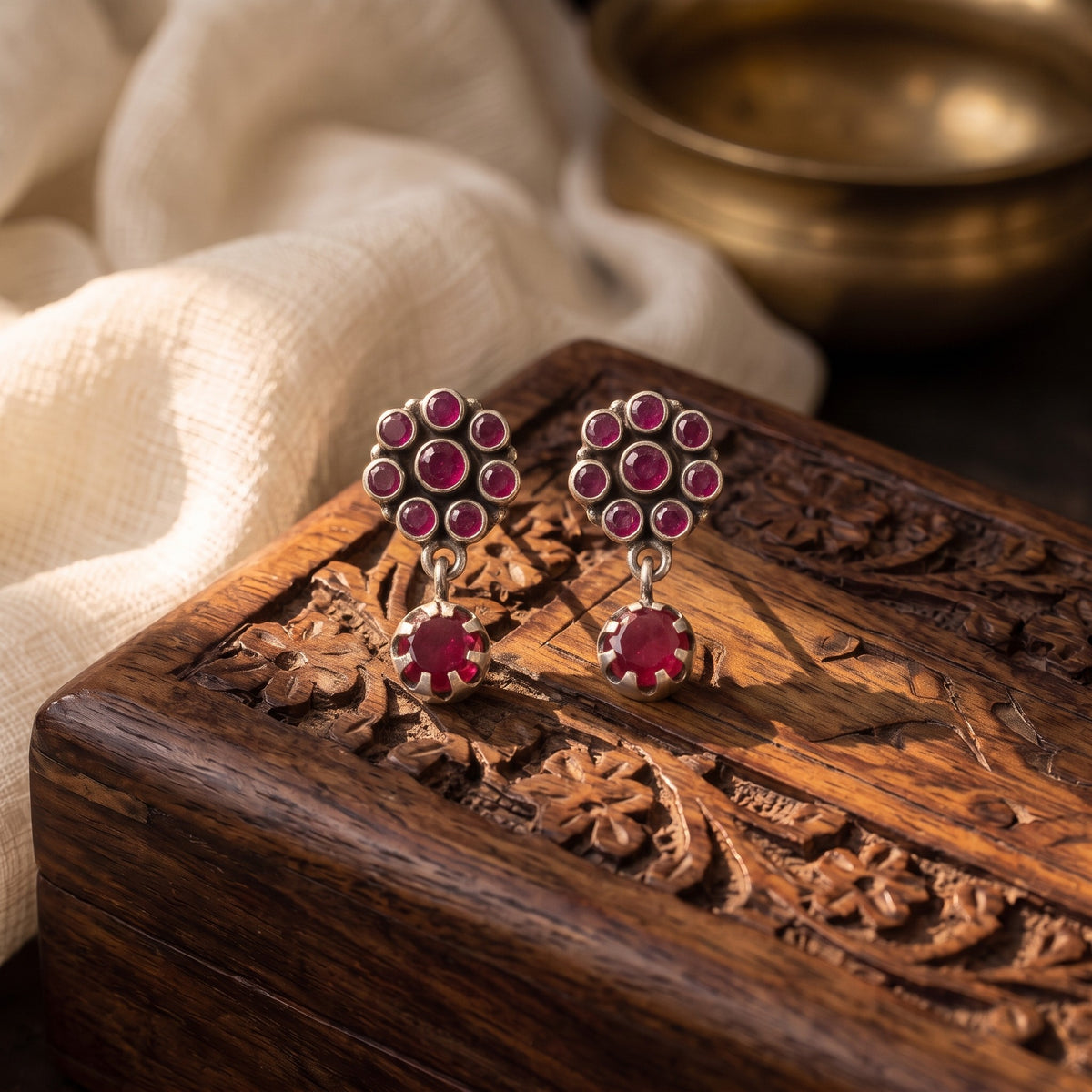 Ruby Floral Drop Earrings – styled photo