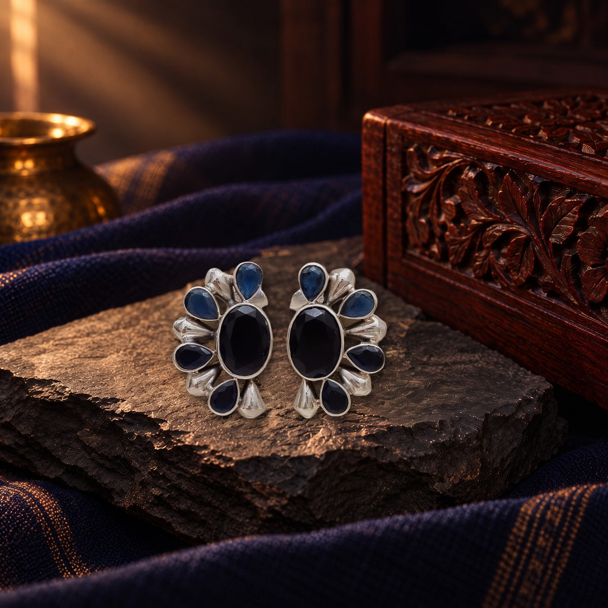 Semi-Circular Hydro Blue Sapphire Earrings – styled photo
