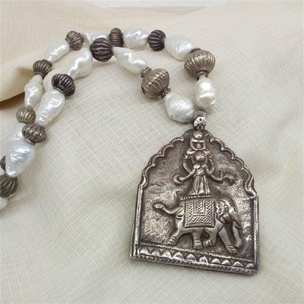 Elephant With God Big Size Pendant With Pearls & Silver Beads Silver Mala | Designer Silver Necklace | Handcrafted Silver Jewellery - Pratha