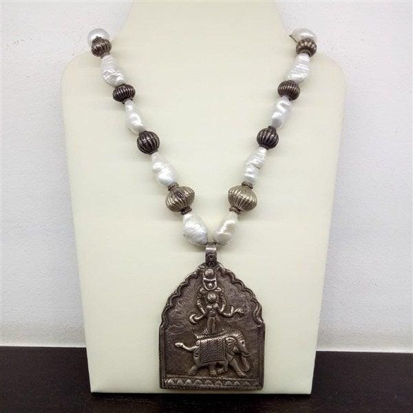 Elephant With God Big Size Pendant With Pearls & Silver Beads Silver Mala | Designer Silver Necklace | Handcrafted Silver Jewellery - Pratha