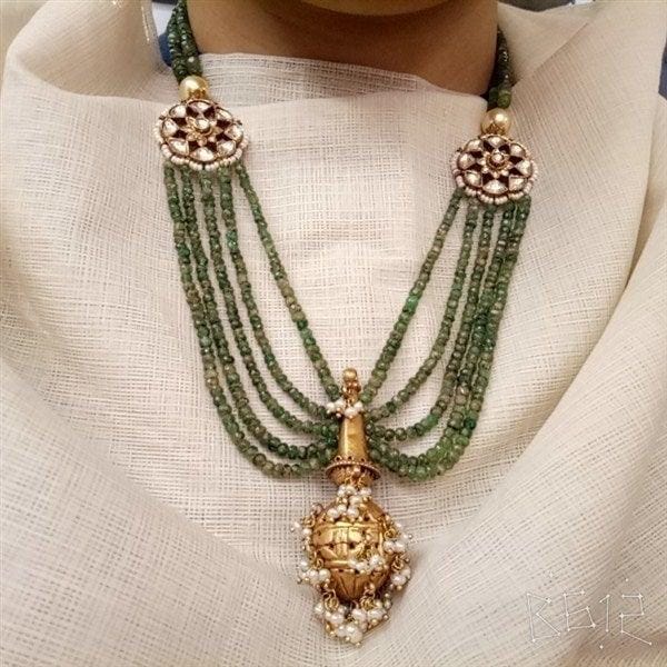Designer Silver Necklace | Five-Line Necklace With Gold Polish & Kundan side Piece, Hanging Ball | Jewellery For Women in Sterling Silver By Pratha - Jewellery Studio