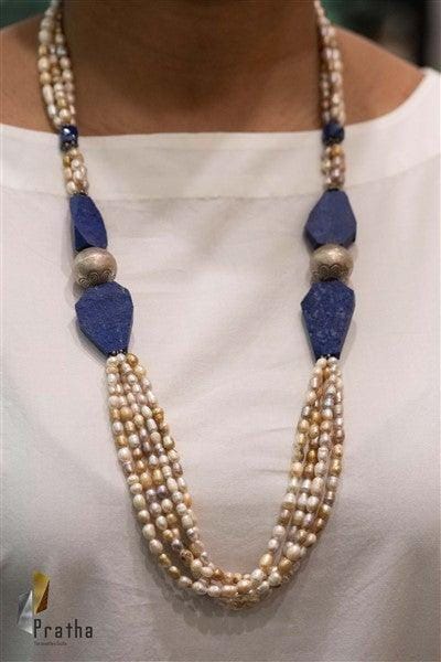 Lapiz-Pearl Mala | Designer Silver Necklace | Handcrafted Silver Jewellery For Women By Pratha - Jewellery Studio