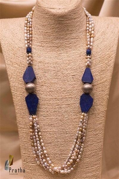 Lapiz-Pearl Mala | Designer Silver Necklace | Handcrafted Silver Jewellery For Women By Pratha - Jewellery Studio