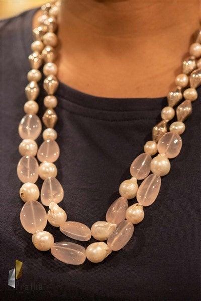 Rose Quartz Mala | Designer Silver Necklace | Handcrafted Silver Jewellery For Women By Pratha - Jewellery Studio