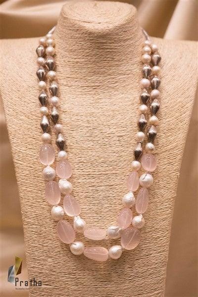 Rose Quartz Mala | Designer Silver Necklace | Handcrafted Silver Jewellery For Women By Pratha - Jewellery Studio