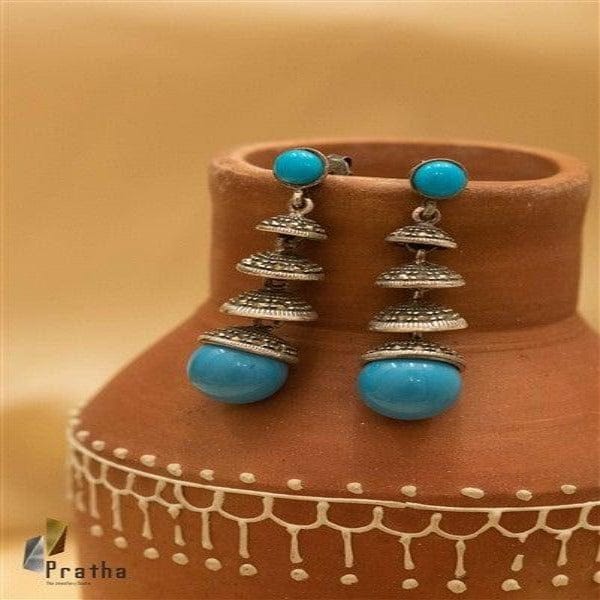 Designer Silver Earrings | Turquoise & Marcasite Earrings | Handcrafted Silver Jewellery For Women By Pratha - Jewellery Studio